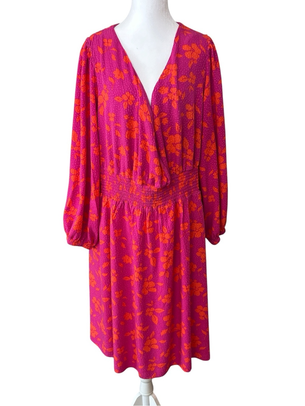 Draper James Pink Orange Floral Smocked Midi Dress 1X Long Sleeve Boho - Picture 2 of 6